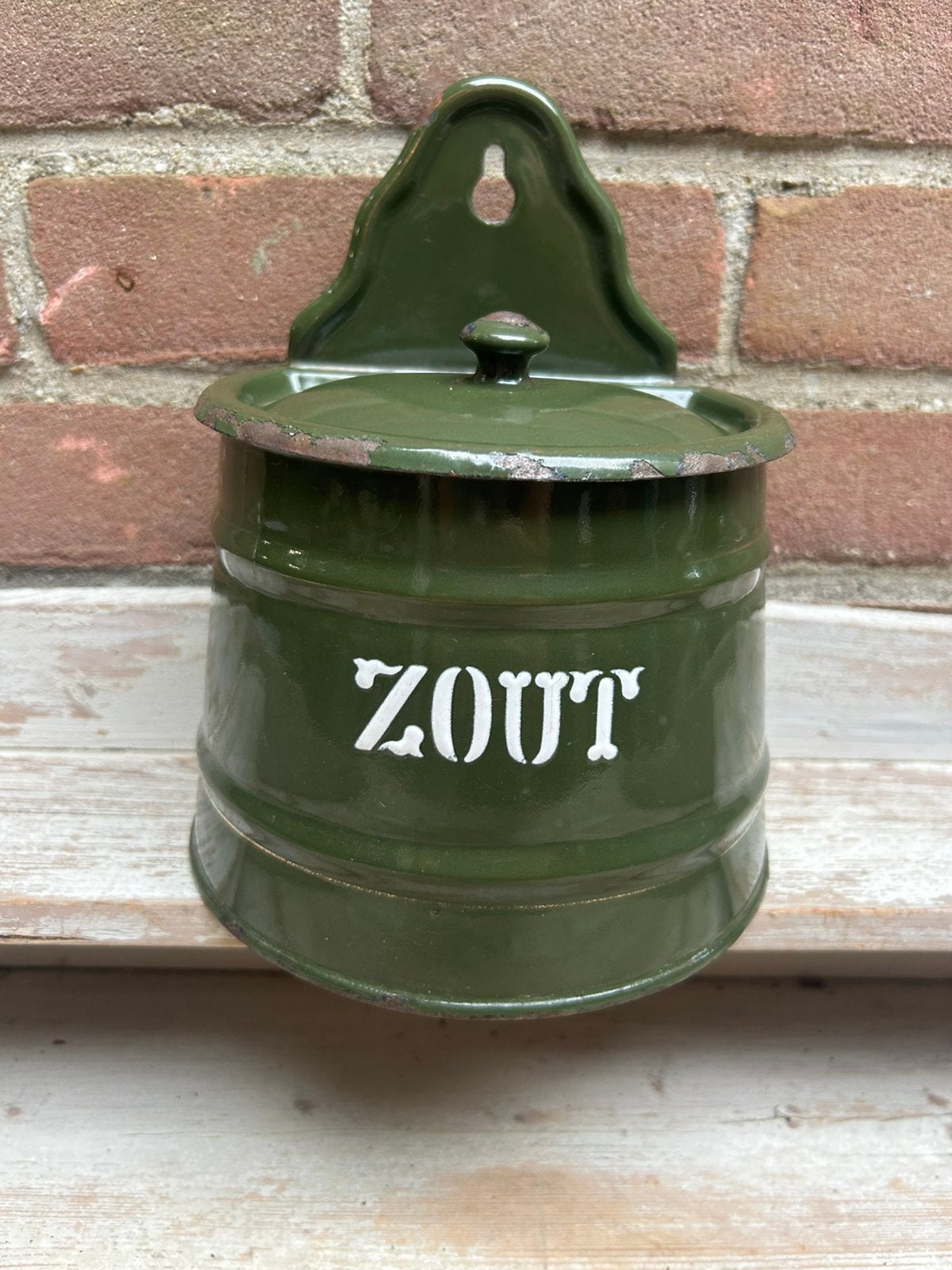 Zoutpot donkergroen emaille gouden bies, Antiek en Kunst, Antiek | Emaille, Ophalen of Verzenden