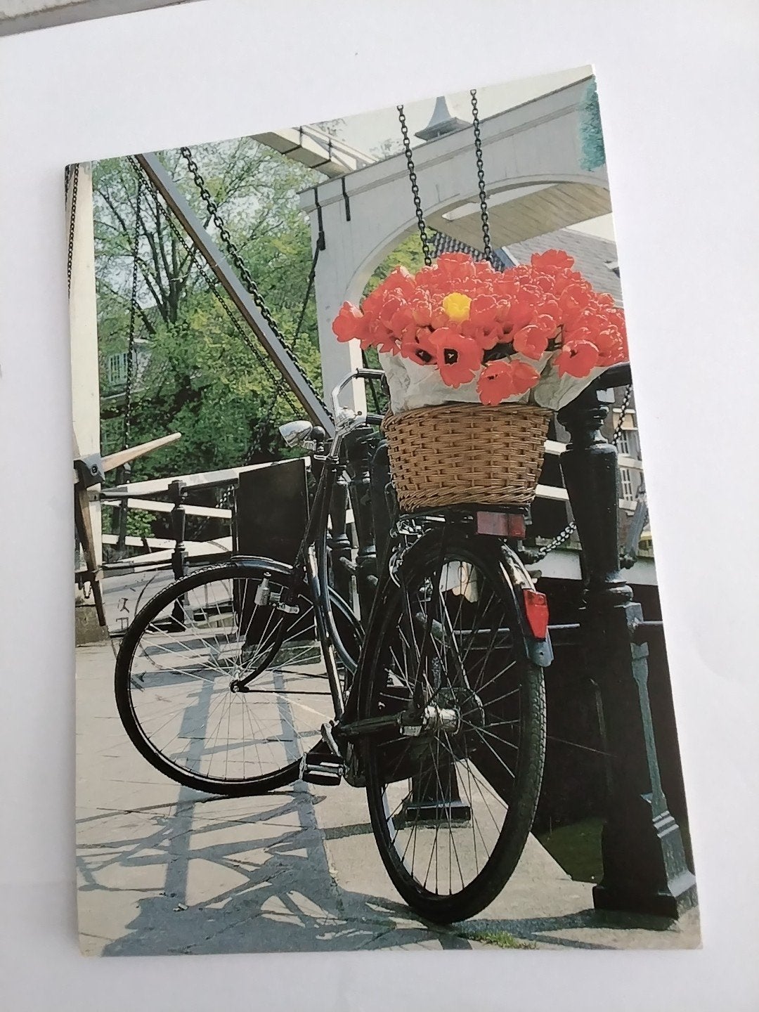 Ansichtkaart fiets met bloemen op brug, Ophalen of Verzenden