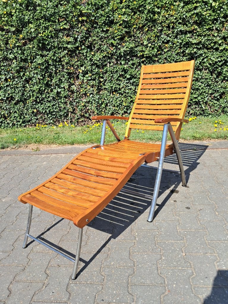 Teakhout/RVS deckchair/ligstoel Stylist-Line, inklapbaar, Ophalen, Gebruikt, Teakhout, Verstelbaar