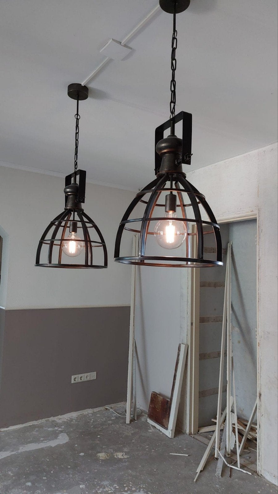Set van 2 industriële hanglampen met kooiconstructie, Ophalen, E27 (groot), Zo goed als nieuw, Glas