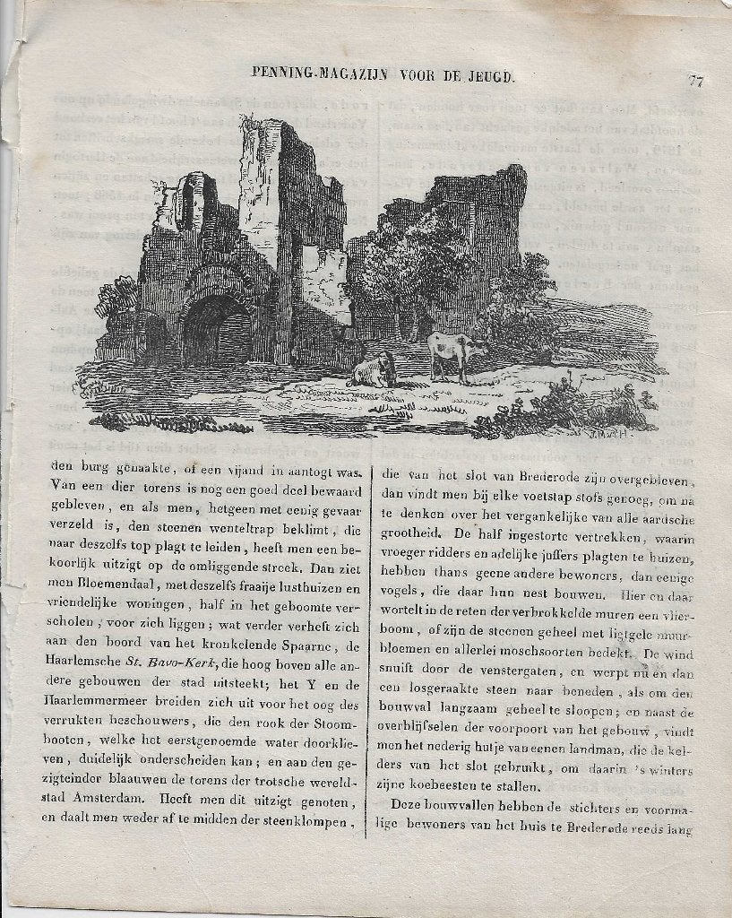 De ruïne van het Huis te Brederode Houtgravure 1834, Antiek en Kunst, Gesigneerd, 1800 - 1899, Architectuur, Ophalen of Verzenden