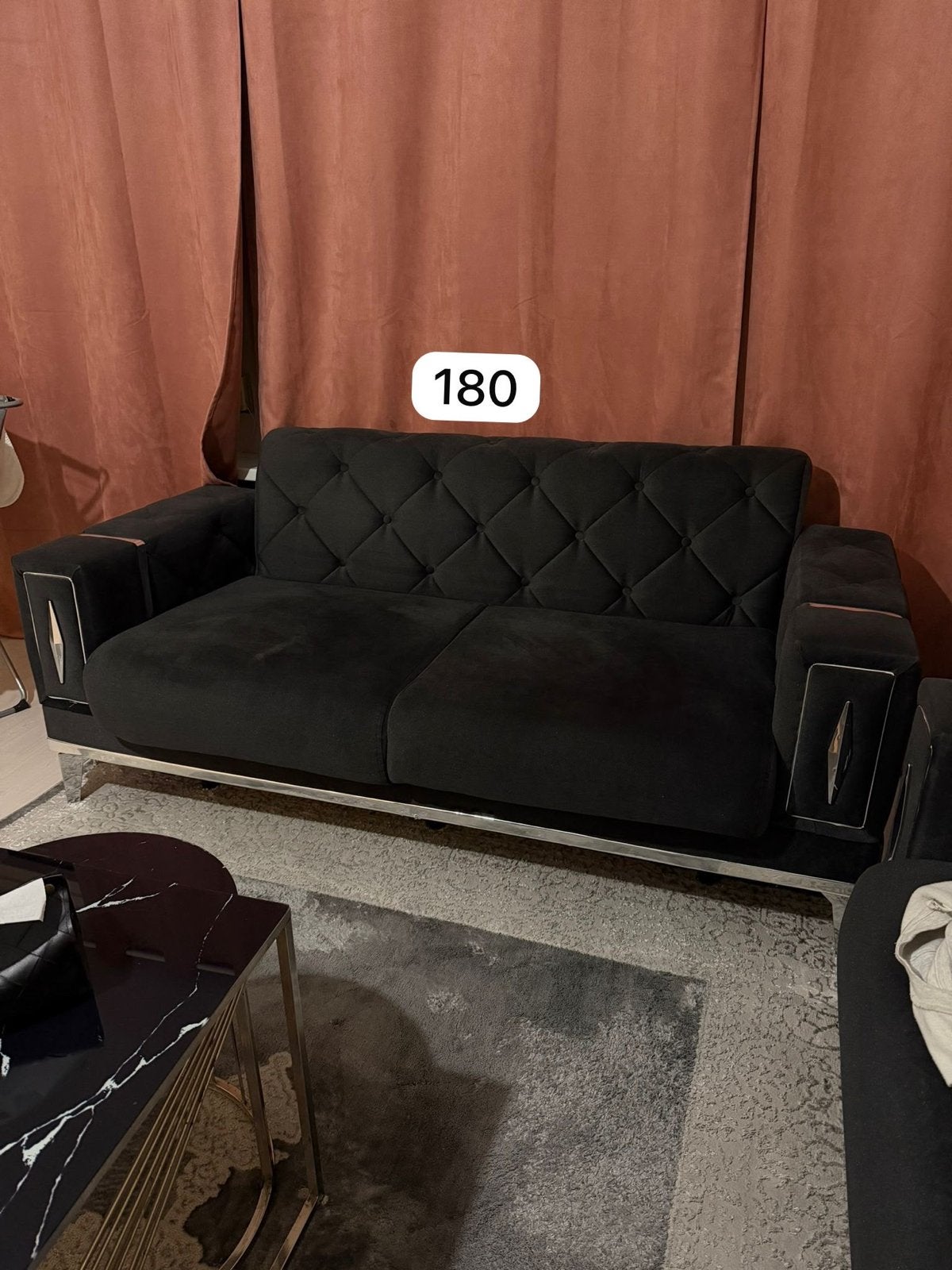 fluwelen bankstel met salontafels en fauteuil, Ophalen, 75 tot 100 cm, Zo goed als nieuw, Rechte bank