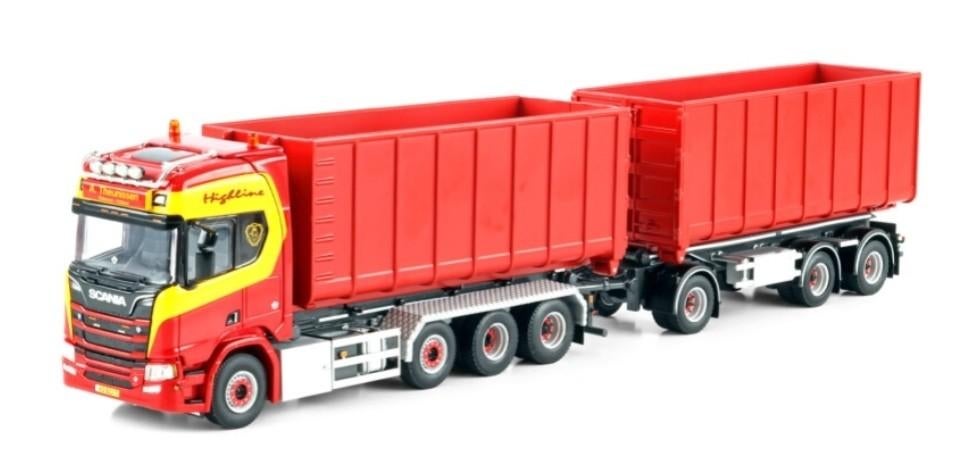 WSI SCANIA R HIGLINE + TRAILER + 40M3 CONTAINER - THEUNISSEN, Hobby en Vrije tijd, Modelauto's | 1:50, Wsi, ., Nieuw, Ophalen of Verzenden