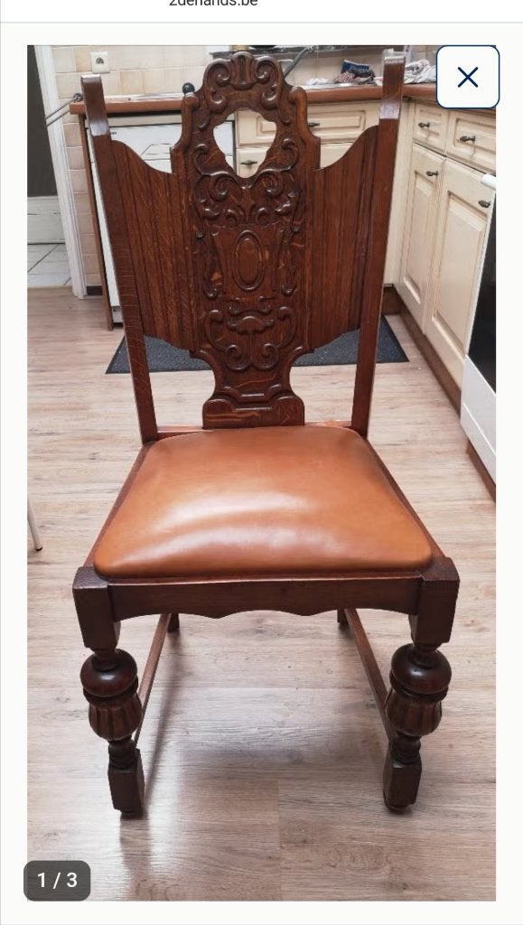 6 eiken stoelen met bruin lederen zitting, Ophalen, Gebruikt, Bruin