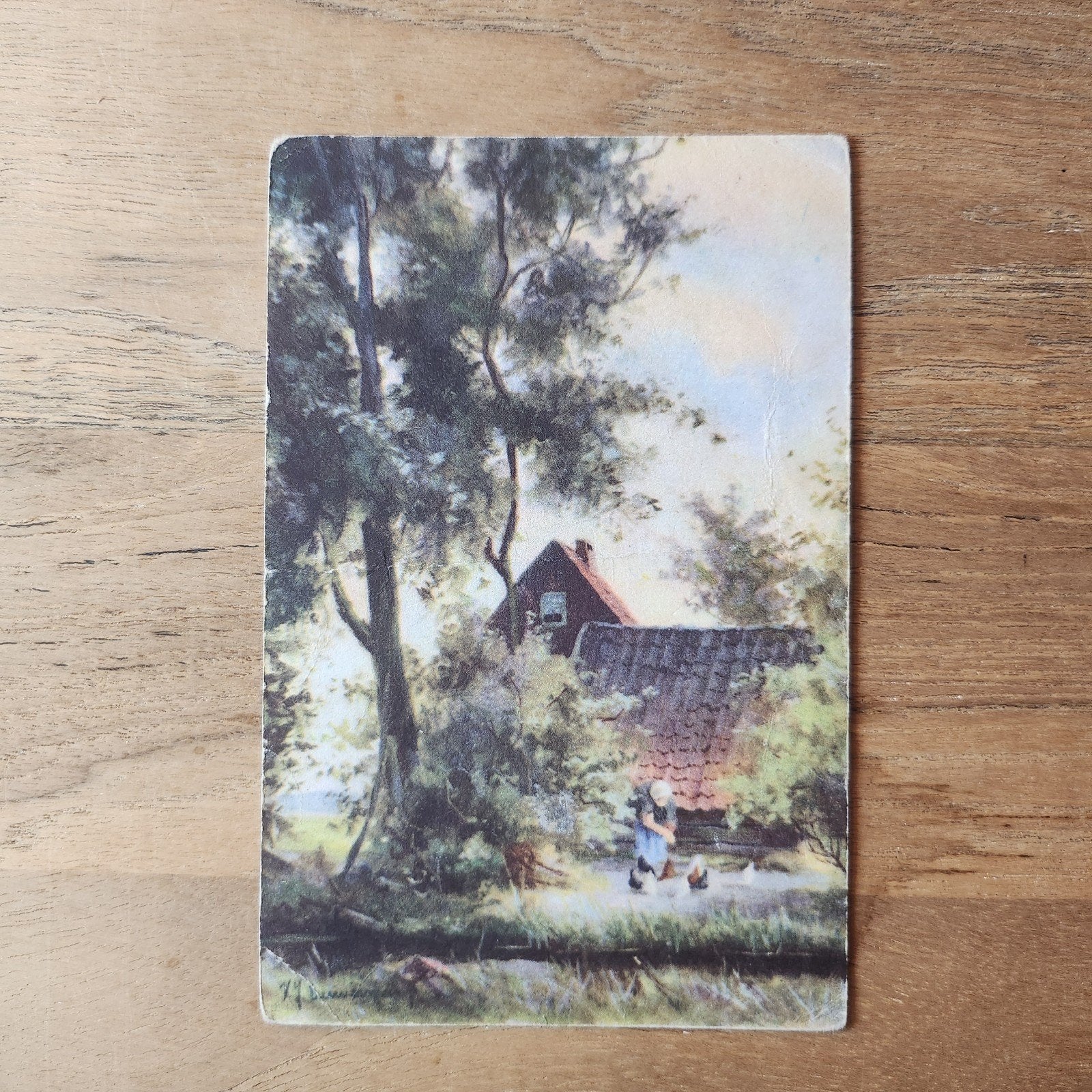 Oude Ansichtkaart: Boerderij met Vrouw en Kippen, Verzamelen, Verzenden, Voor 1920, Ongelopen, Zuid-Holland