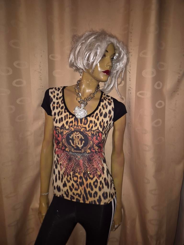 Roberto Cavalli Panterprint T-shirt met Korte Mouwen S, Bruin, Ophalen of Verzenden, Zo goed als nieuw, Korte mouw