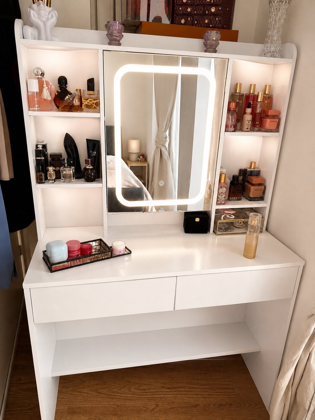 Witte makeup tafel met spiegel en verlichting, Huis en Inrichting, Tafels | Kaptafels, Ophalen, 100 tot 150 cm, Zo goed als nieuw