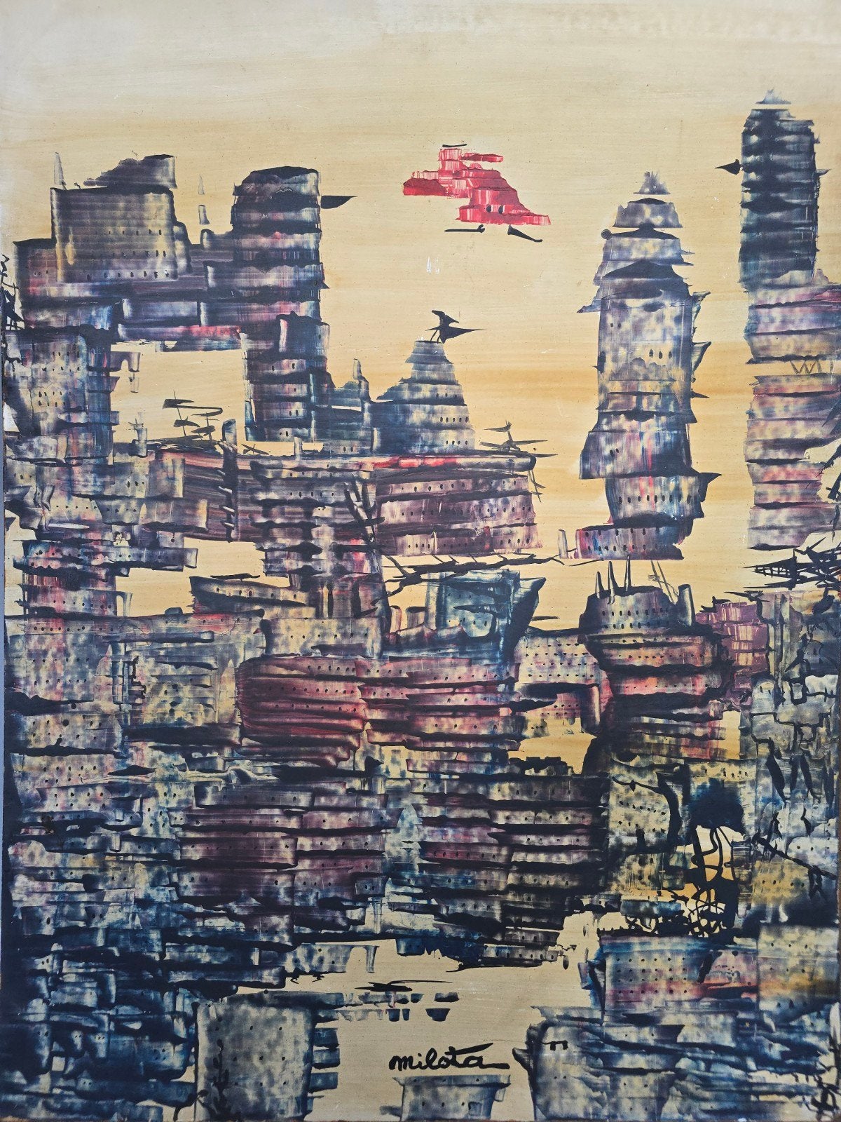 Antiek abstract stadsgezicht by Eugène Milota €250!!, Ophalen of Verzenden
