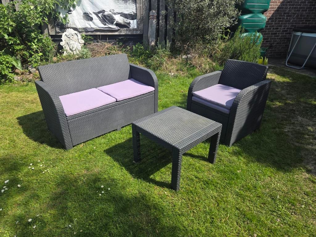 Kunststof tuinset, namaak rotan, bankje, stoel, tafeltje, Tuin en Terras, Ophalen, Kunststof, Gebruikt, 3 zitplaatsen