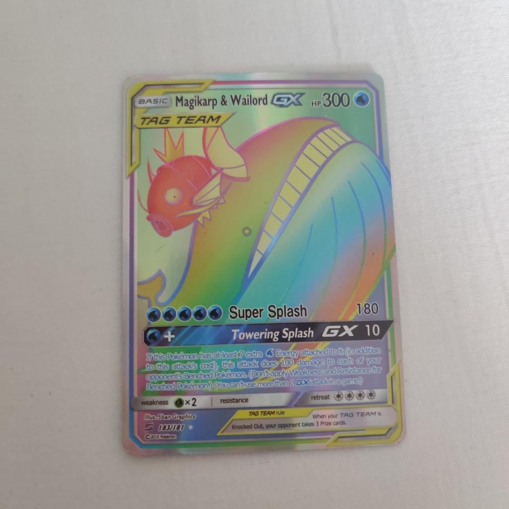 Pokémon Kaart: Magikarp & Wailord GX (Rainbow Rare), Ophalen of Verzenden, Zo goed als nieuw, Losse kaart, Foil
