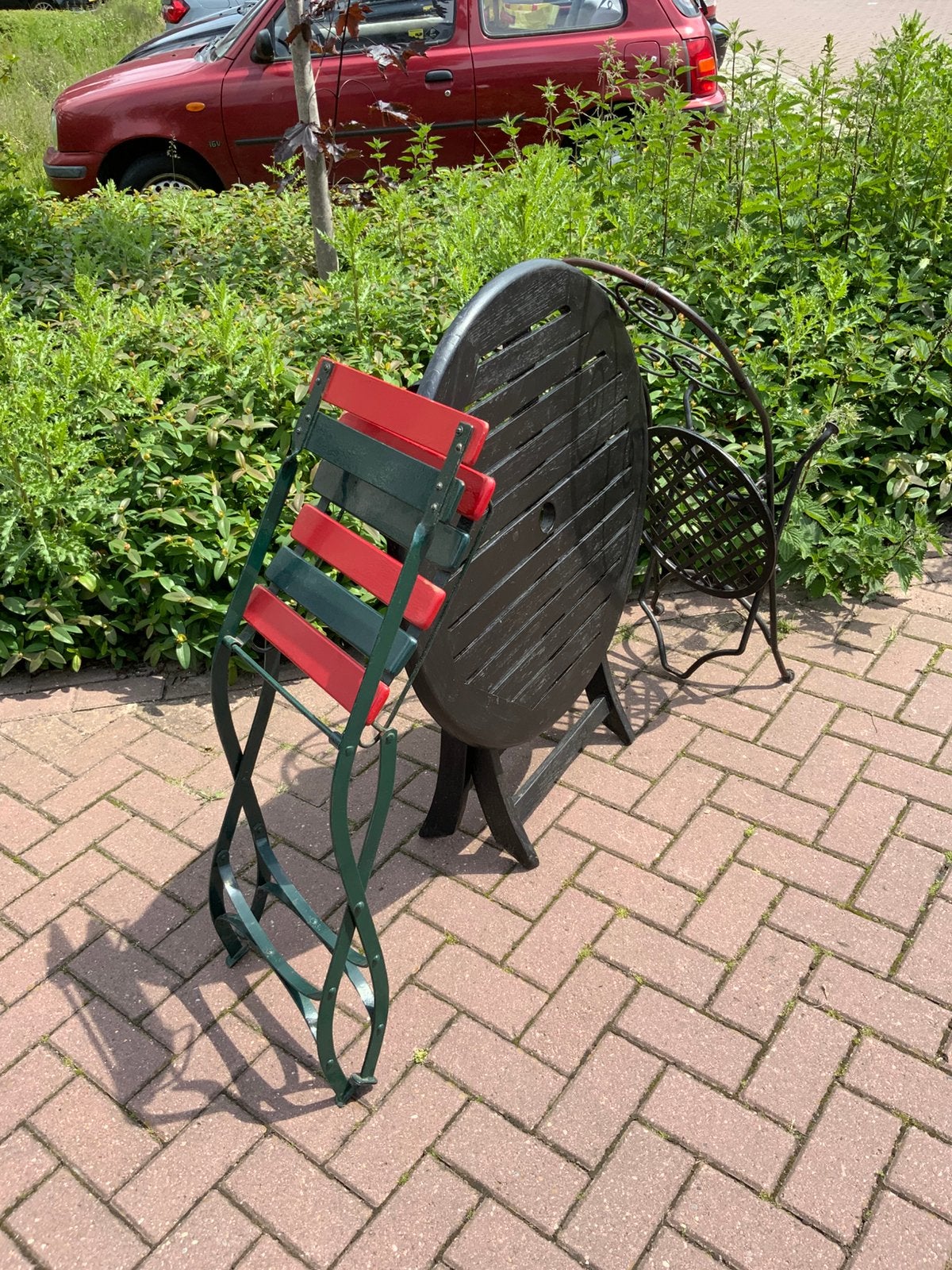 Houten tafel + 2 antieke stoeltjes, Tuin en Terras, Ophalen, Gebruikt, Hout