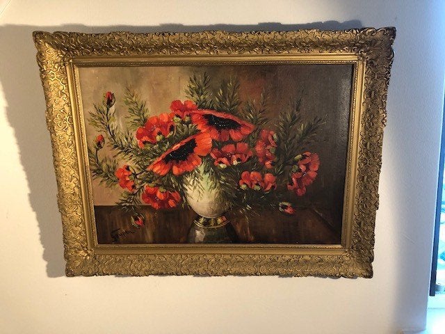 Schilderij, bloemenscholderij, Antiek en Kunst, Doek, Realistisch, Olieverf, Ingelijst