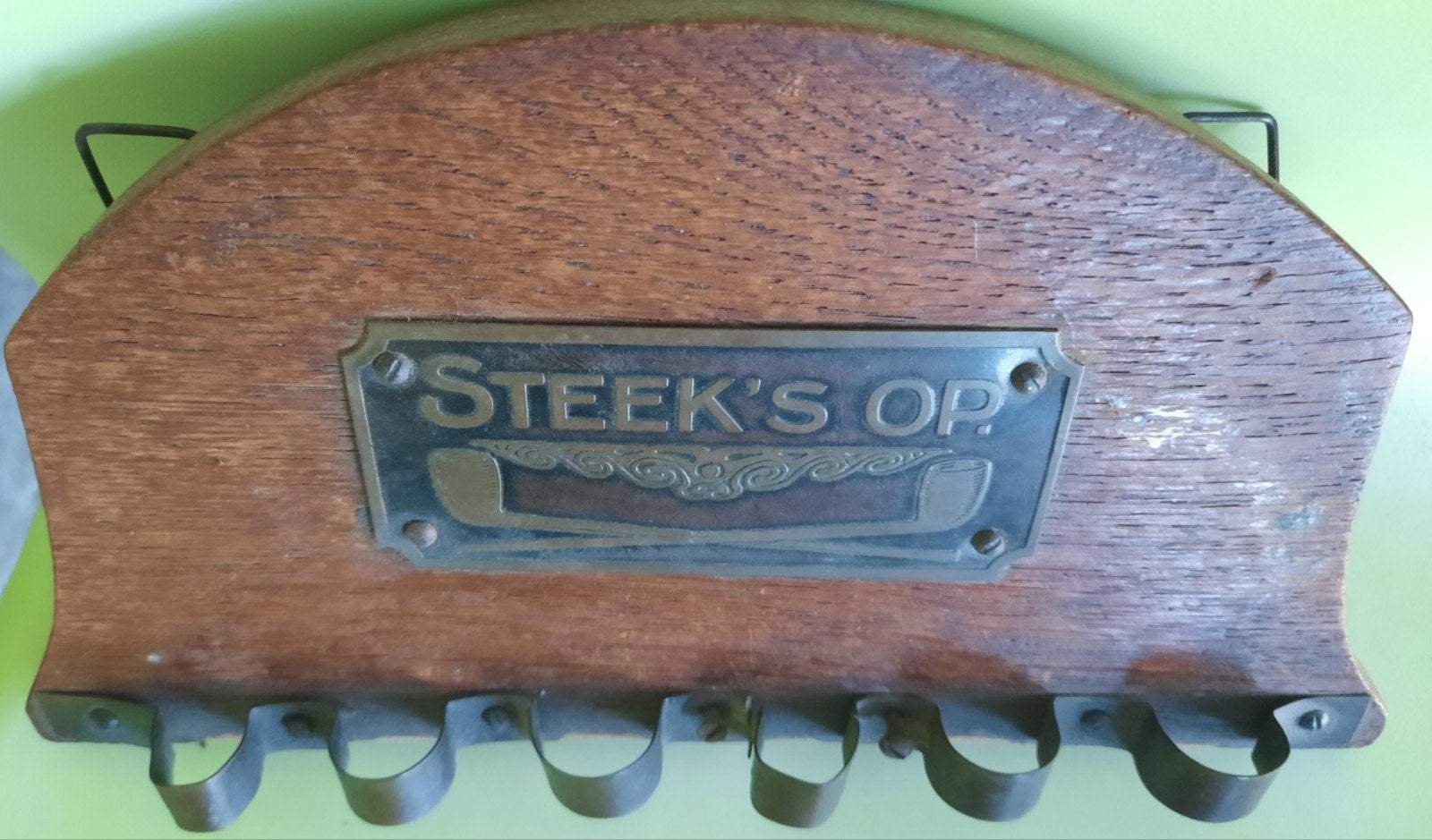 Antiek Houten Pijpenrek met Messing Plaatje 'Steek's Op', Antiek en Kunst, Ophalen