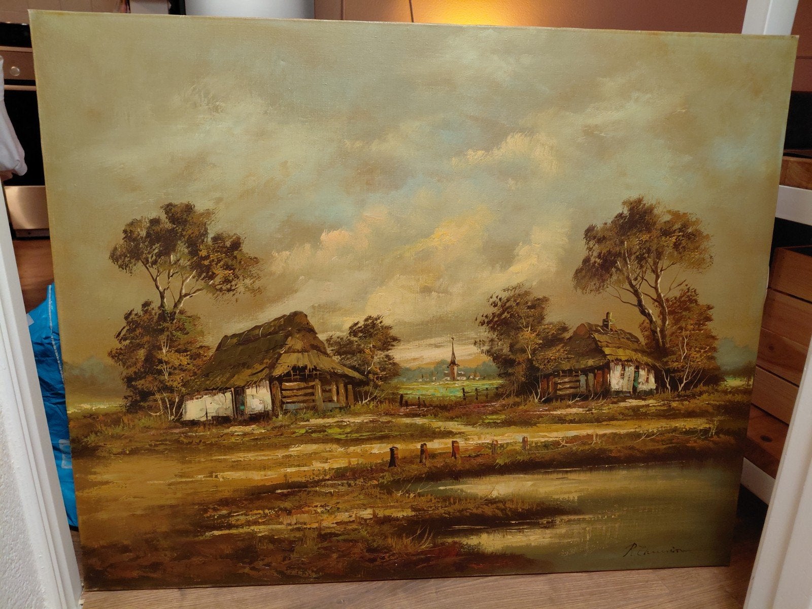 Origineel Schilderij Rick Theunissen - Landschap boerderijen, Ophalen