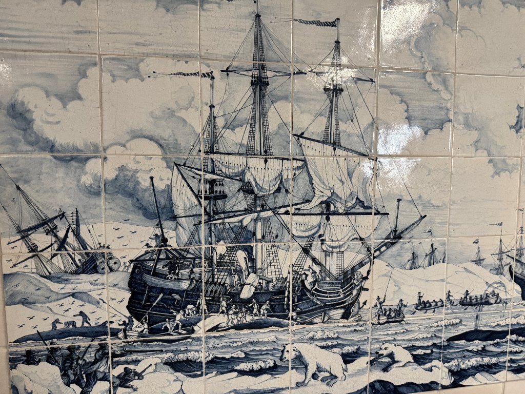 Reproductie tegeltableau walvisjacht voc schepen 143x78cm., Ophalen