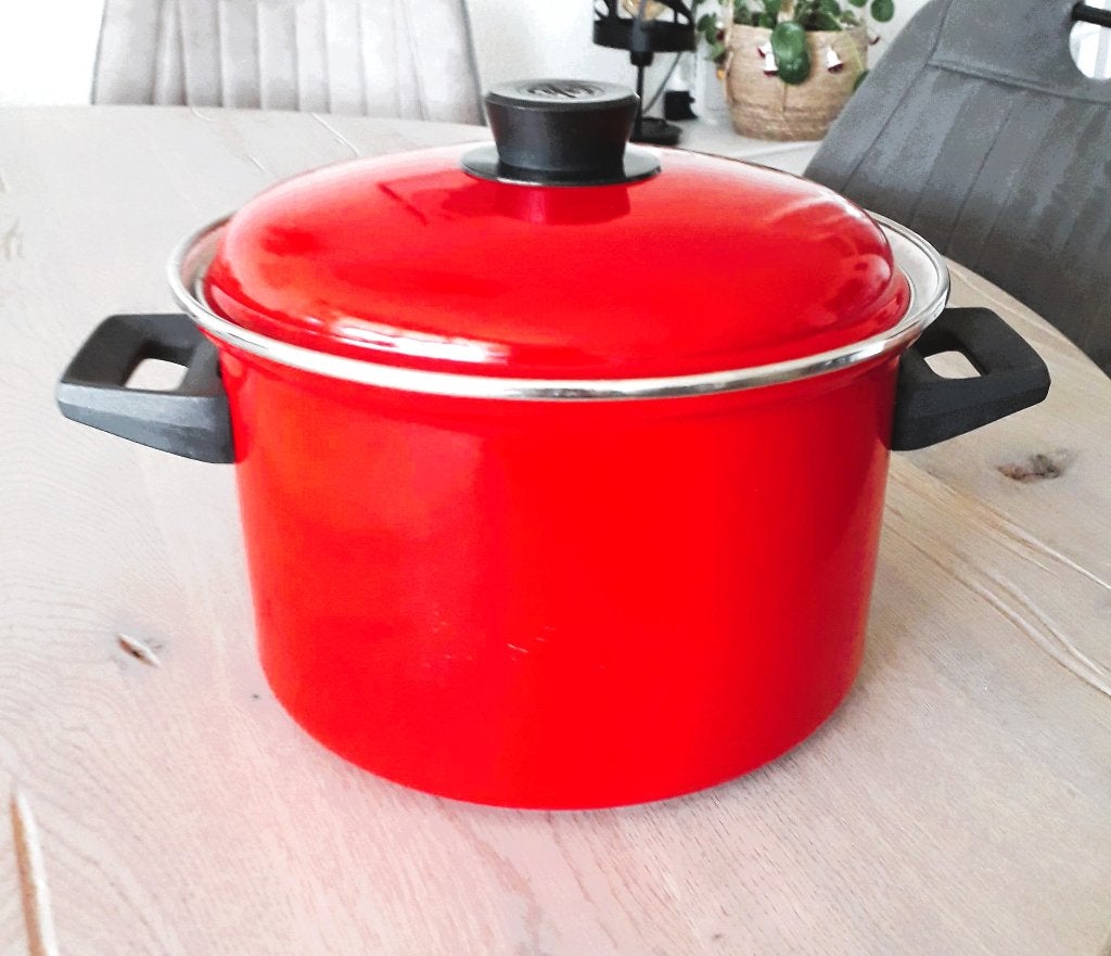 Soeppan - Emaille - Ø 22cm, Rood, Hoogte 14 cm, Ophalen, Gebruikt, Overige materialen, Overige typen