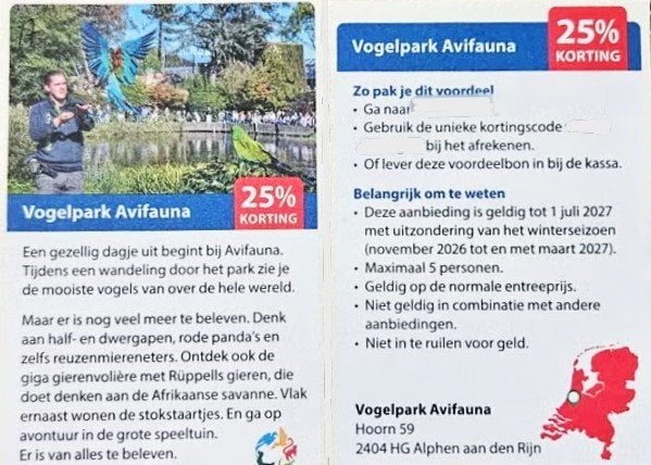Vogelpark Avifauna kortingsbon 25% korting, Eén persoon, Kortingskaart