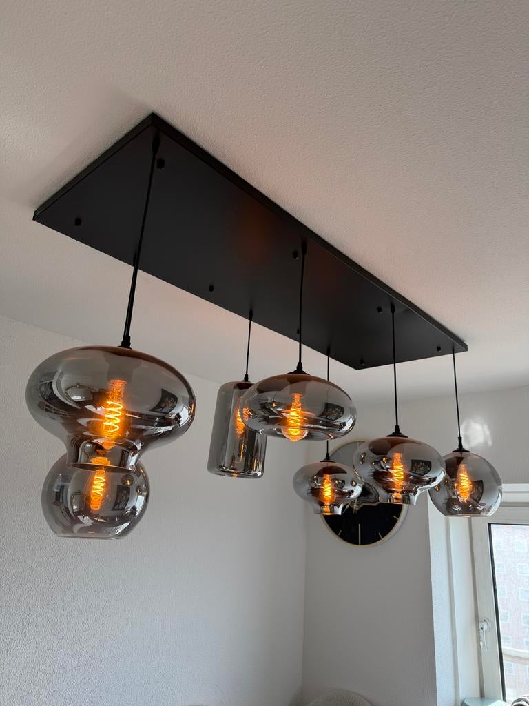Moderne hanglamp met 6 rookglazen kappen - Zwart/Grijs, Ophalen, Zo goed als nieuw, Glas, 75 cm of meer