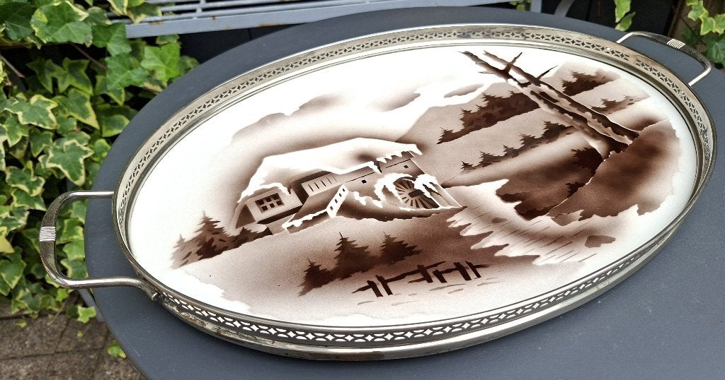 antiek ovaal dienblad met winterlandschap (45 x 24 x 4 cm), Ophalen, Overige materialen, Gebruikt, Dienblad