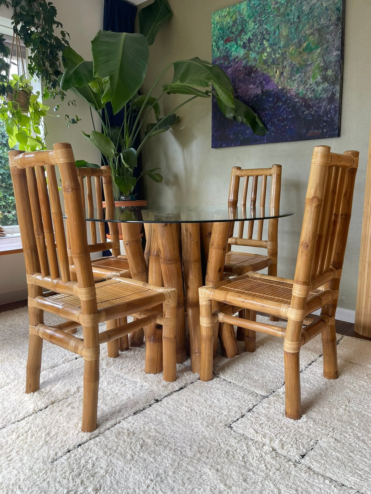 Vintage Bamboe Bohemian eetkamerset, Ophalen, 4 tot 6 stoelen, X, X