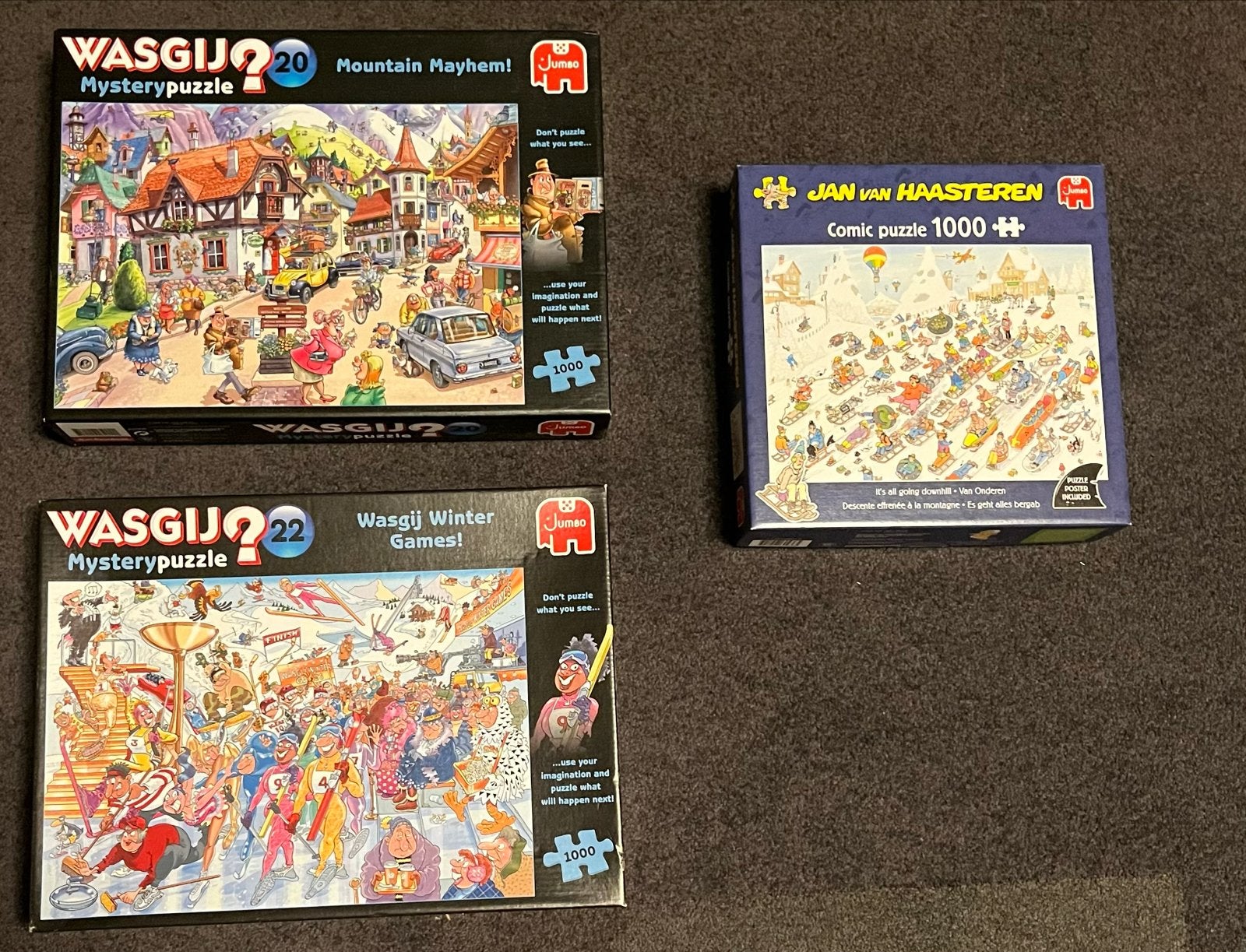 3 puzzels: 2x Wasgij, 1x Jan van Haasteren (1000 stukjes), Ophalen of Verzenden, 500 t/m 1500 stukjes, Gebruikt, Legpuzzel