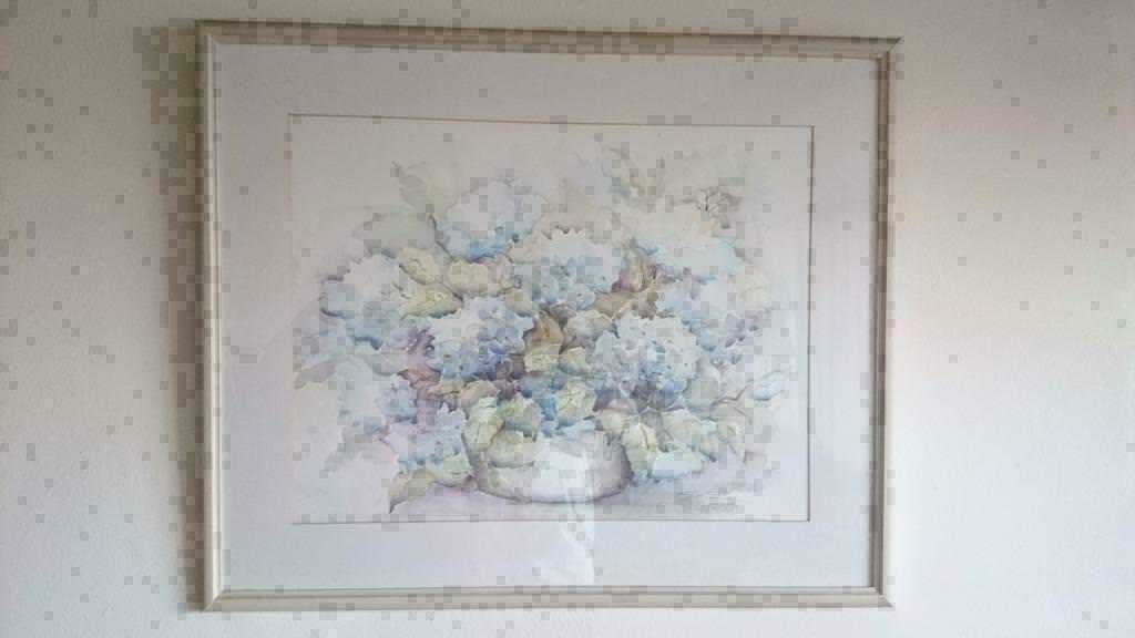 Aquarel van Ellen Kroon.  Gesigneerd  Hortensia`s maten lijs, Ophalen of Verzenden