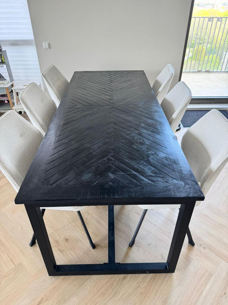 Zwarte houten visgraat tafel met stalen poten, Ophalen, Rechthoekig, 200 cm of meer, 50 tot 100 cm