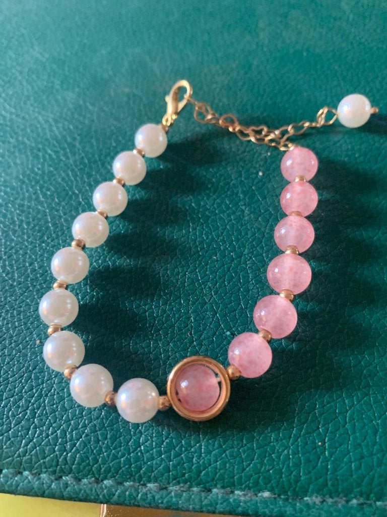 Roze witte kralen Armbandje, Sieraden, Tassen en Uiterlijk, Armbanden, Ophalen of Verzenden, Zo goed als nieuw, Elastiek, Roze