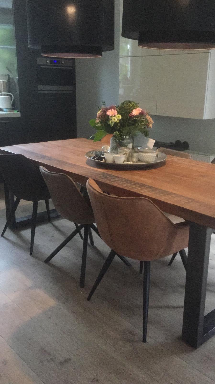 Mango houten eettafel 2.4 m met robuust  onderstel., Ophalen, Gebruikt, 200 cm of meer, 50 tot 100 cm
