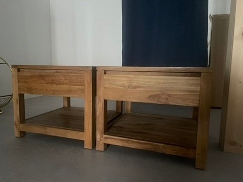 Teak bijzettafels 2x, Huis en Inrichting, Tafels | Bijzettafels, Gebruikt, Vierkant, 55 tot 75 cm, Hout