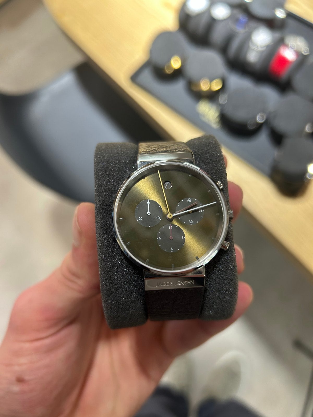 Jacob Jensen Chronograph serie 604, Sieraden, Tassen en Uiterlijk, Horloges | Dames, Overige merken, Leer, Staal, Polshorloge