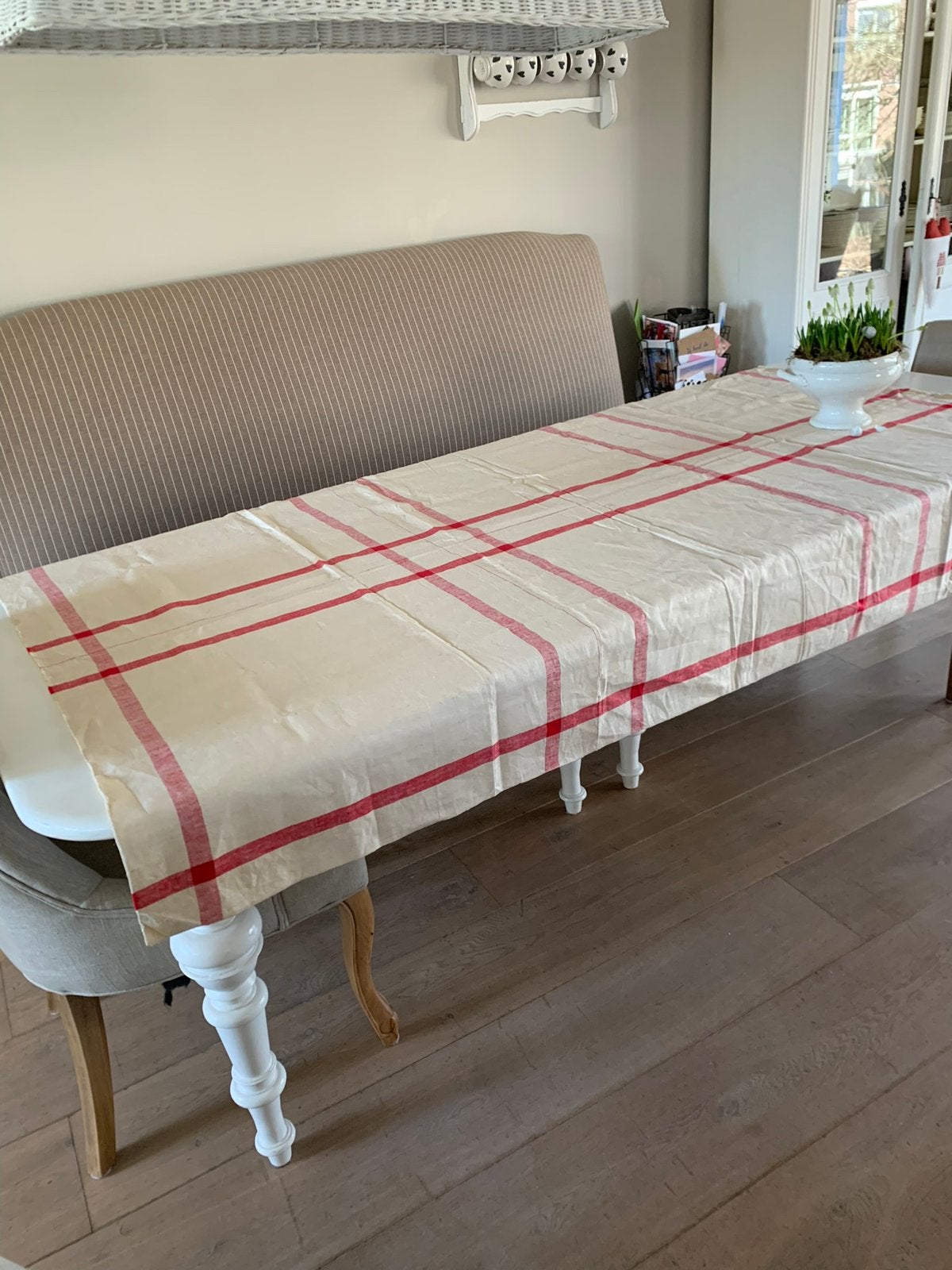Vintage linnen katoen tafelkleed theedoel stof 235x145 FR, Ophalen, Zo goed als nieuw, Rechthoek