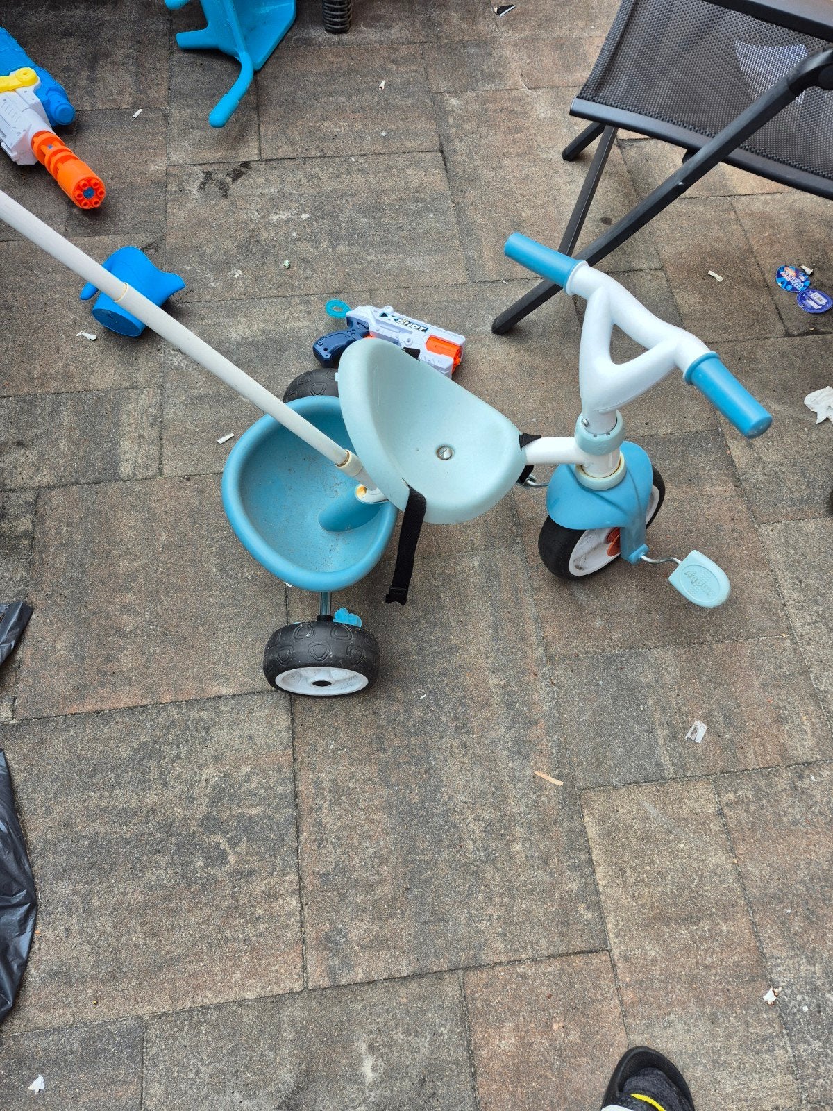 Kinderdriewieler met duwstang - Blauw, Terugtraprem, Gebruikt, Onbekend, Ophalen of Verzenden