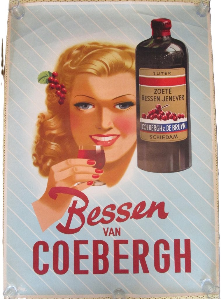 Oude affiche Bessen van Coebergh jenever - jaren 1950, Ophalen of Verzenden, Gebruikt, Overige typen