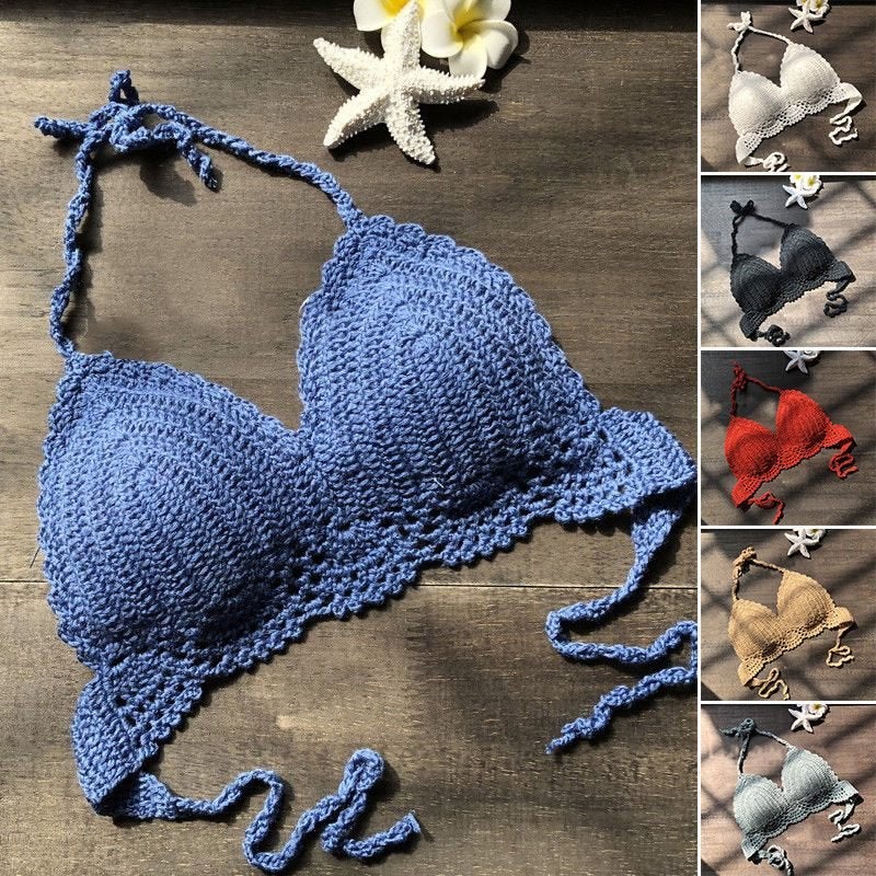 Gebreide bikini top bralette boho blauwe rode, Verzenden, Nieuw, Overige kleuren, Bikini