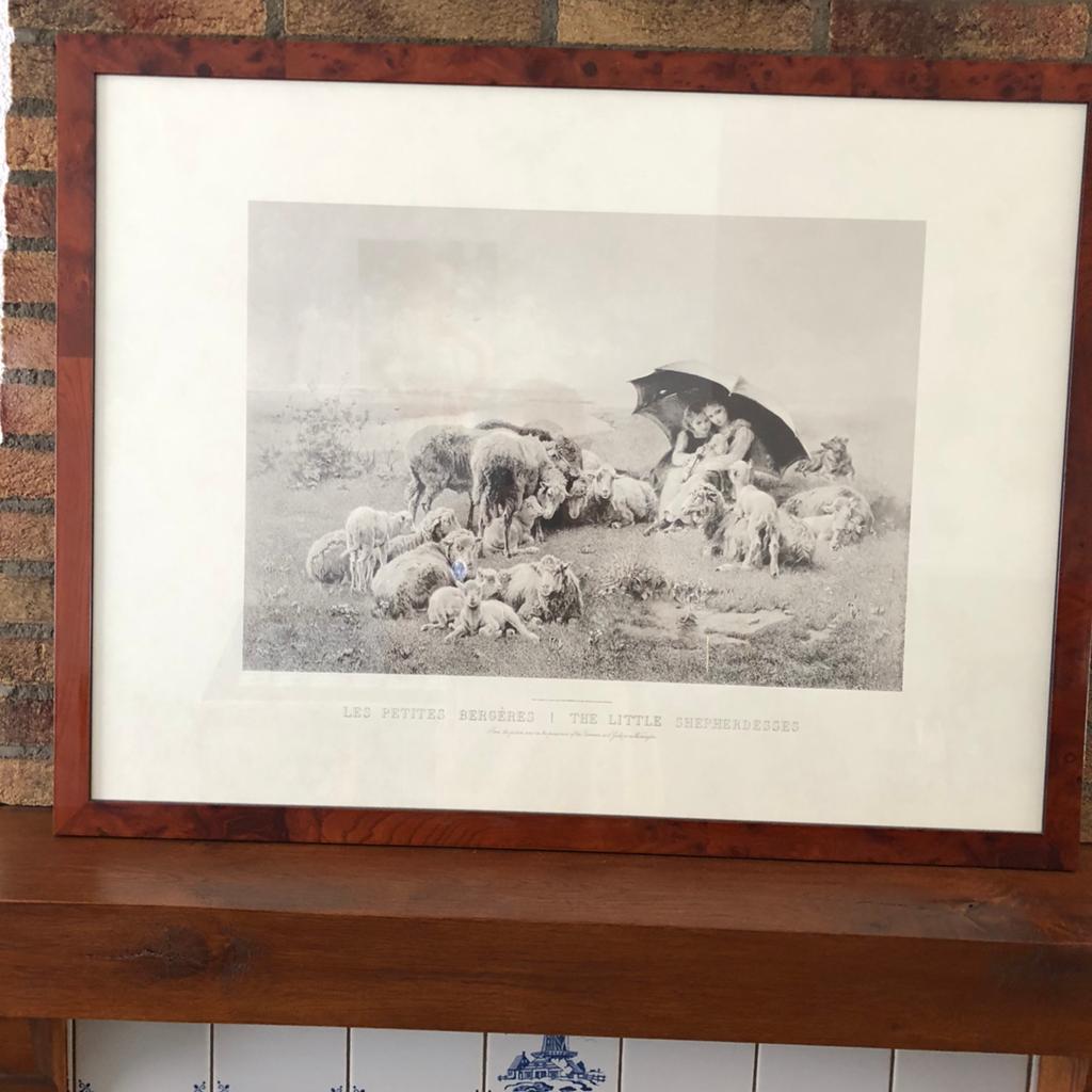 Mooie ingelijste ets ,Les Petites Bergeres l, afmeting 65x85, Antiek en Kunst, Kunst | Etsen en Gravures, Ophalen of Verzenden