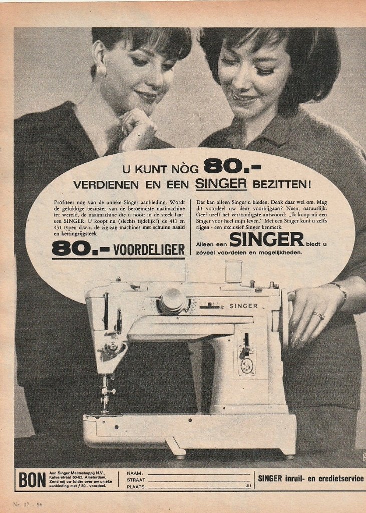 retro reclame 1963 Singer naaimachine 80 gulden voordeliger, Verzenden, Overige typen