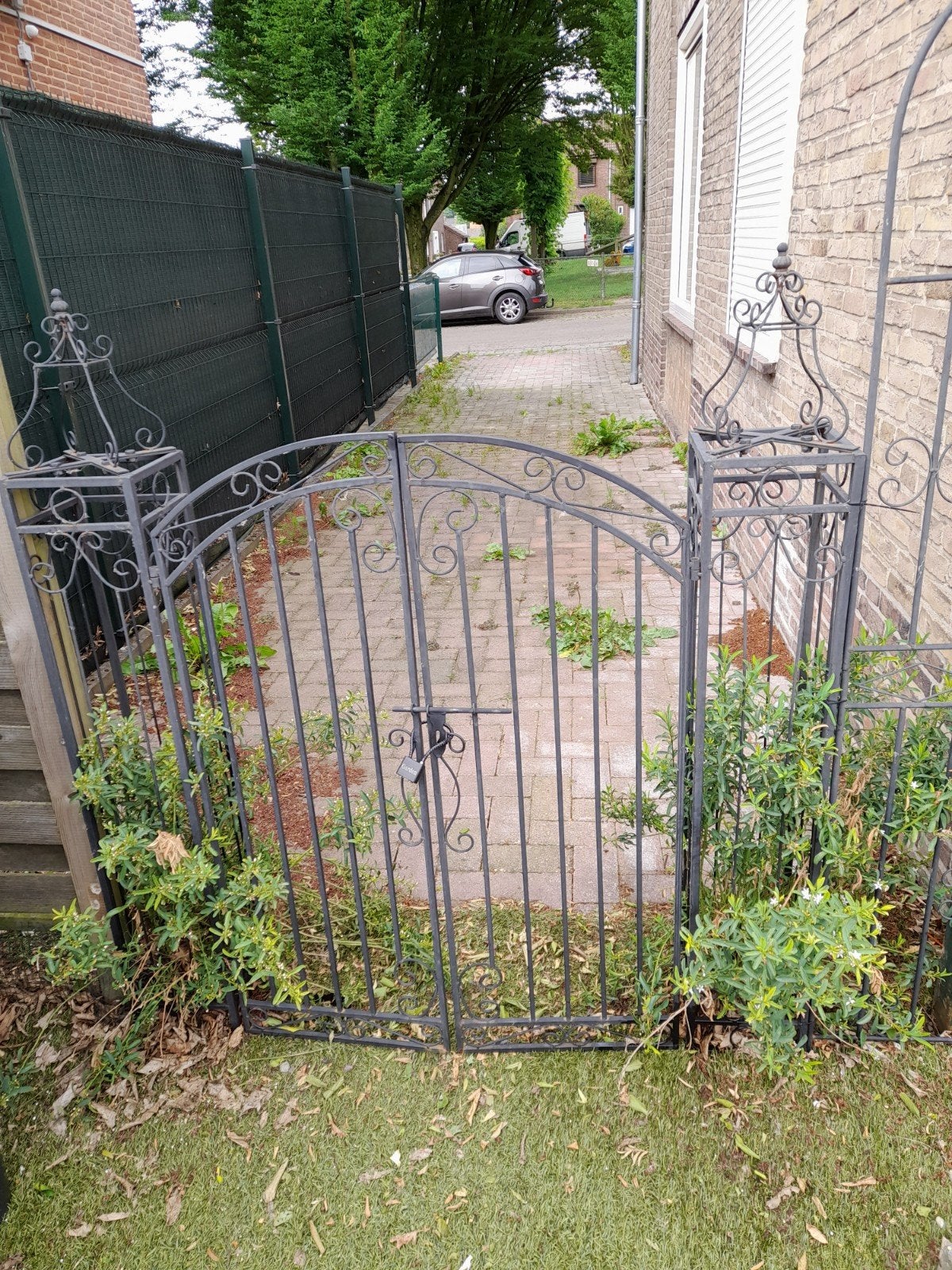 Dubbele tuinpoort met 2 zuilen., Ophalen, Zo goed als nieuw, IJzer, Sierhekwerk