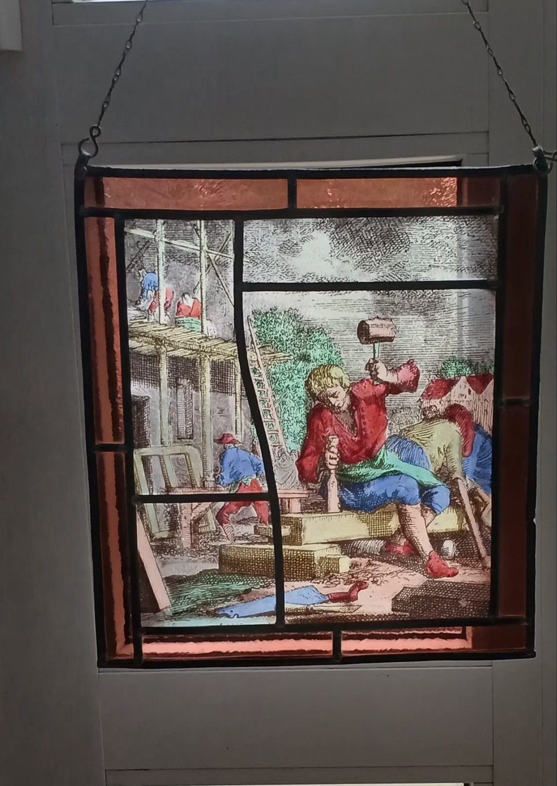 Glas in lood paneel met bouwtafereel - 30x35 cm, Ophalen