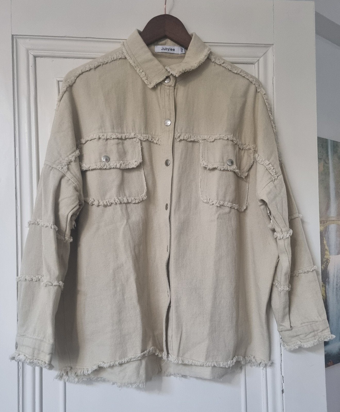 Jubylee maat L oversized denim/boho vest met franjes en kant, Beige, Maat 42/44 (L), Ophalen of Verzenden, Zo goed als nieuw
