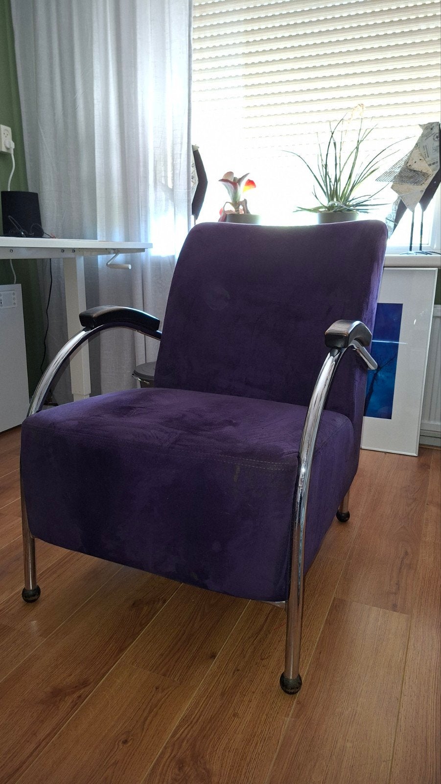 2 design fauteuils, kleur paars., Ophalen, Gebruikt, 75 tot 100 cm, Stof