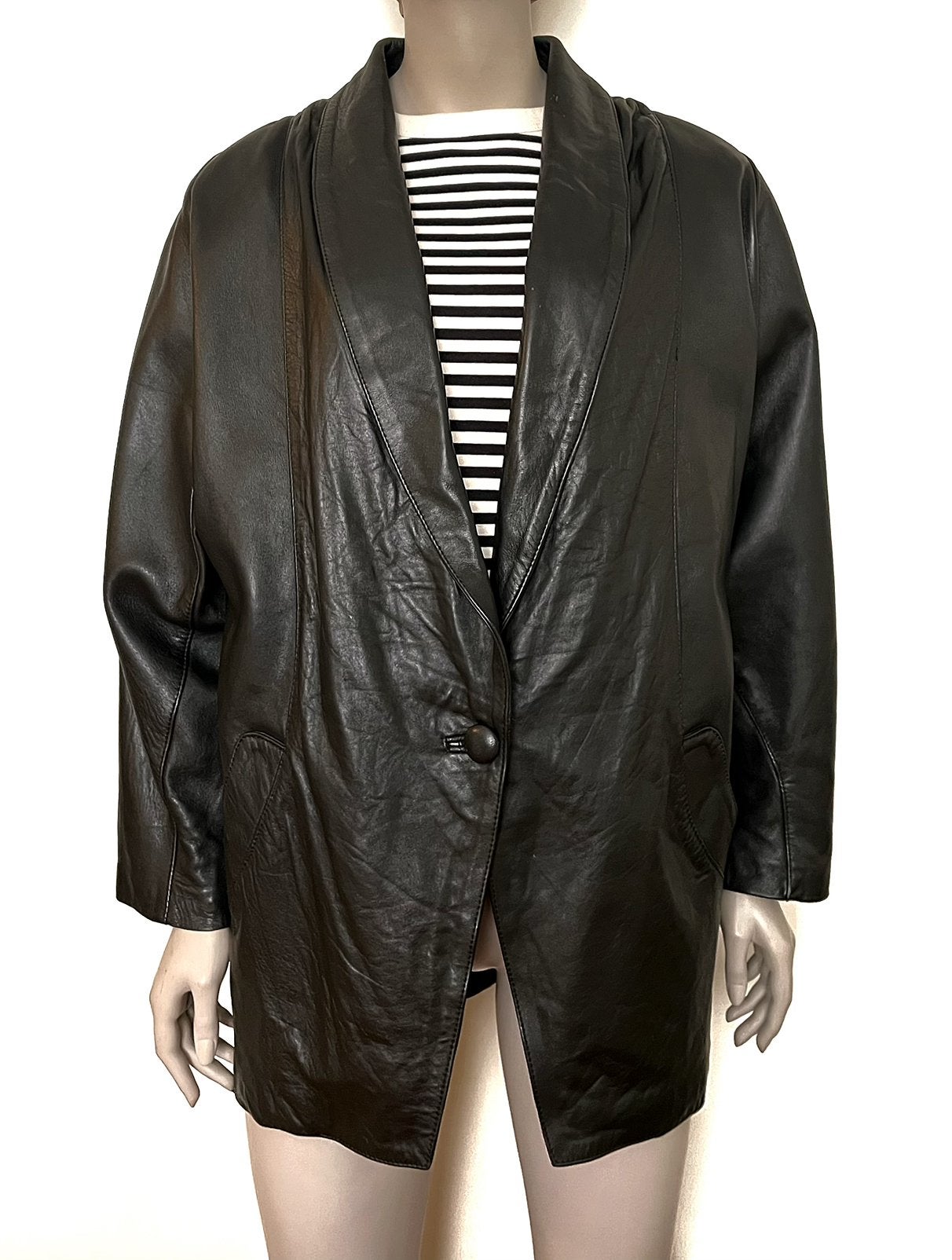 Vintage 80’s / 90’s oversized leren jas / blazer zwart mt M, Verzenden, Gedragen, Maat 38/40 (M), Zwart