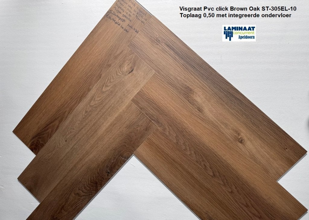 Visgraat Pvc click Brown Oak + Hoge wit plint + Leggen, Bruin, Visgraat Pvc click bruin kleur, 75 m² of meer, Nieuw