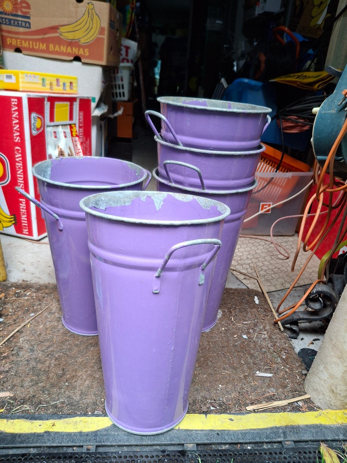 Set van 5 paarse zinken bloemenemmers, Ophalen, Gebruikt, Minder dan 60 cm, Rond