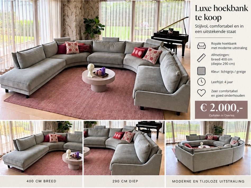 Luxe ronde hoekbank Modue - lichtgrijs/greige, Ophalen, Hoekbank, 300 cm of meer, Zo goed als nieuw