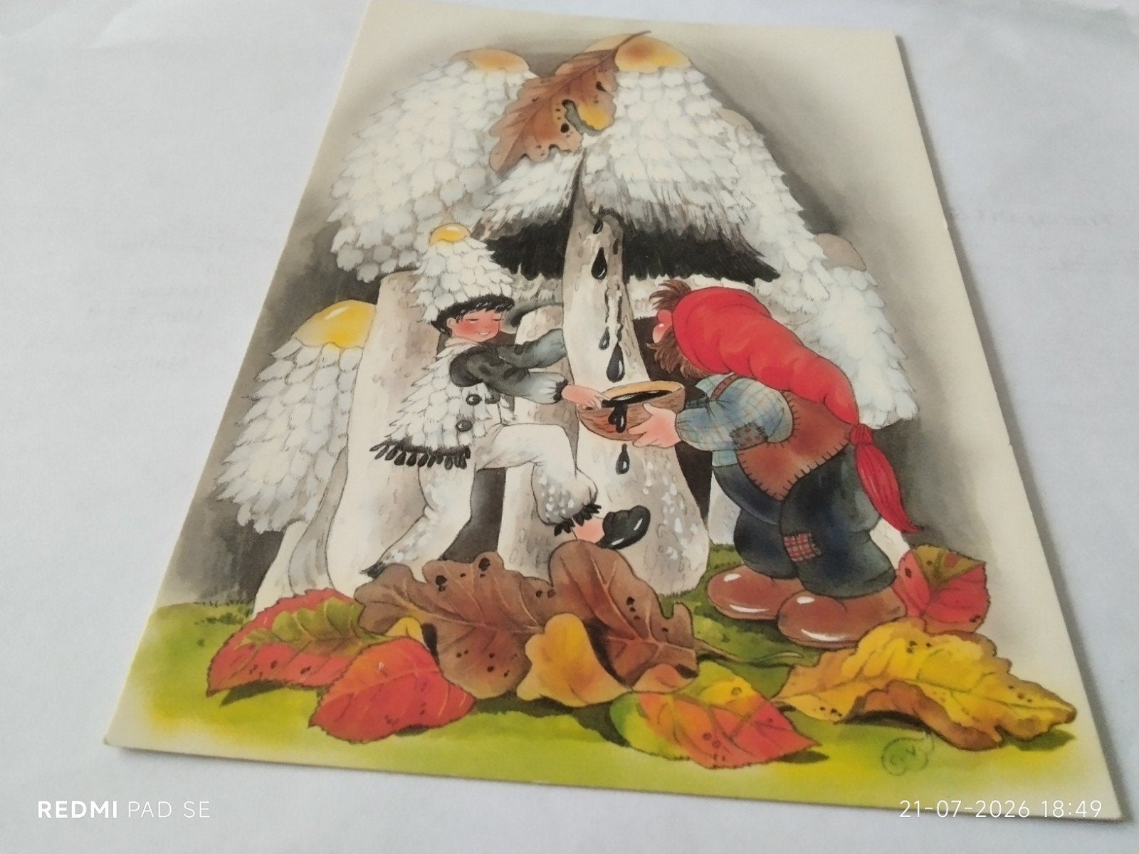 Cristel vogl : Herfsttafereel met kabouters en paddenstoel, Ophalen of Verzenden, 1980 tot heden, Ongelopen, Natuur