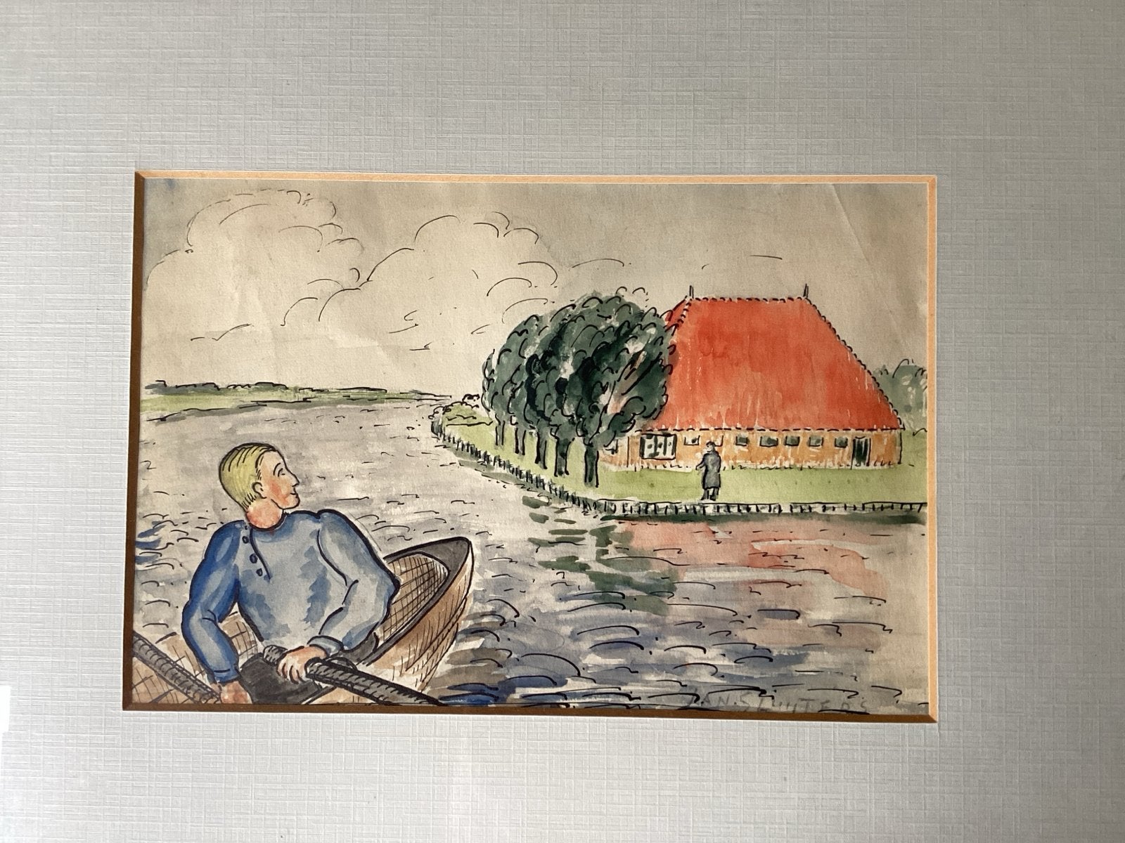 Jan Sluijters - Landschap met roeier en boerderij, Expressionistisch, Ophalen of Verzenden, Gesigneerd, Landschap