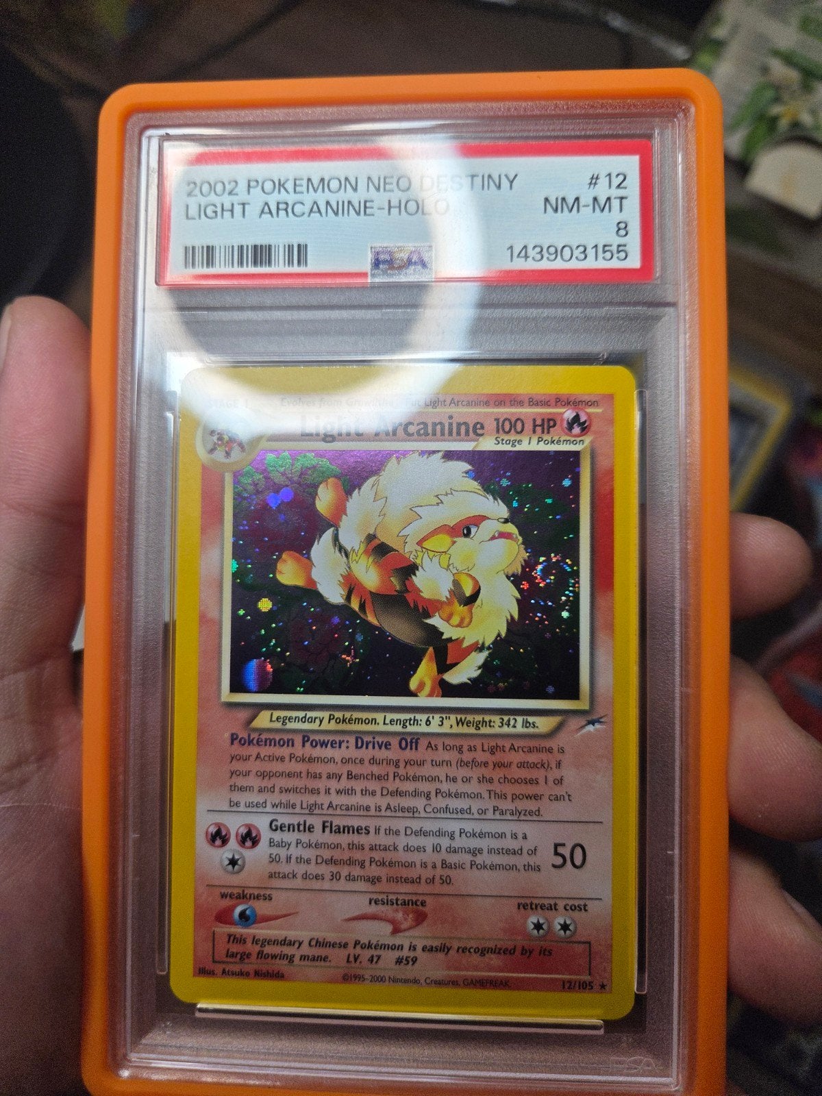 Light Arcanine Psa 8 Slab Graded Guard Neo Destiny 13/105, Ophalen of Verzenden, Nieuw, Losse kaart, Foil