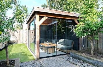 Veranda douglas hout incl glazen schuifpui, Ophalen, Zo goed als nieuw, Veranda