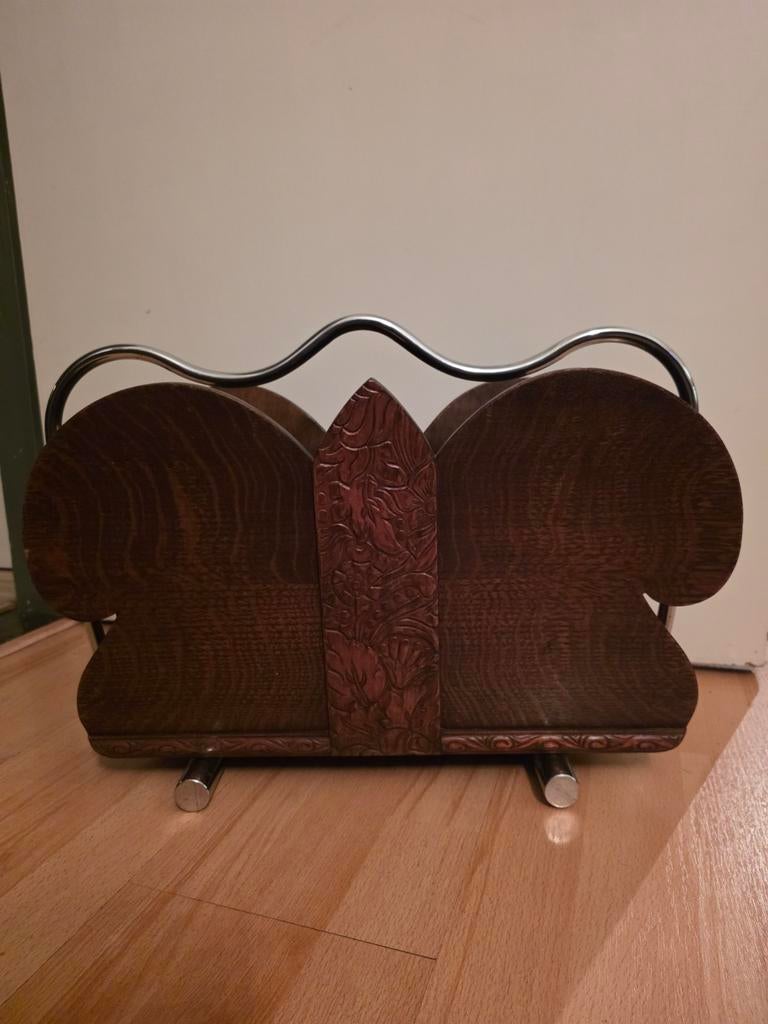 Art Deco Lectuurbak / Krantenbak - Eikenhout met Chroom, Huis en Inrichting, Woonaccessoires | Krantenbakken en Lectuurbakken